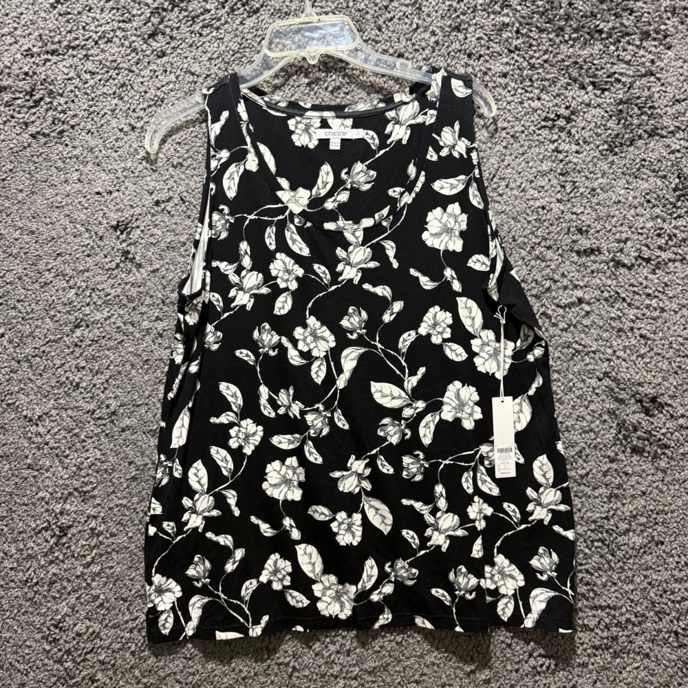 Chico's Leafy Blooms Tank Womens 2 L Black NEW Floral Touch of Cool Knit Top